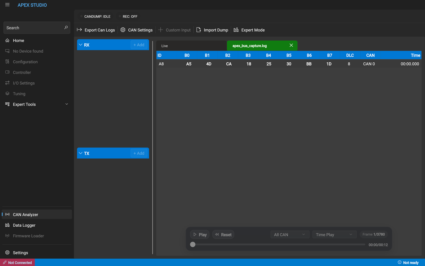 The CAN Analyzer with a captured log open as a tab beside the Live tab. A frame table lists an ID column, eight data-byte columns, DLC, CAN channel and time. A playback bar sits along the bottom with Play and Reset buttons, a channel filter, a play-mode selector and a frame counter.