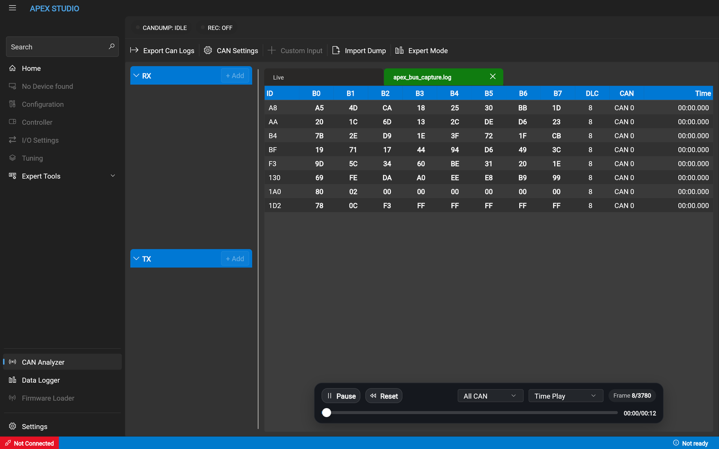 The same capture during playback, with eight frames of different IDs listed and the counter part-way through the file.