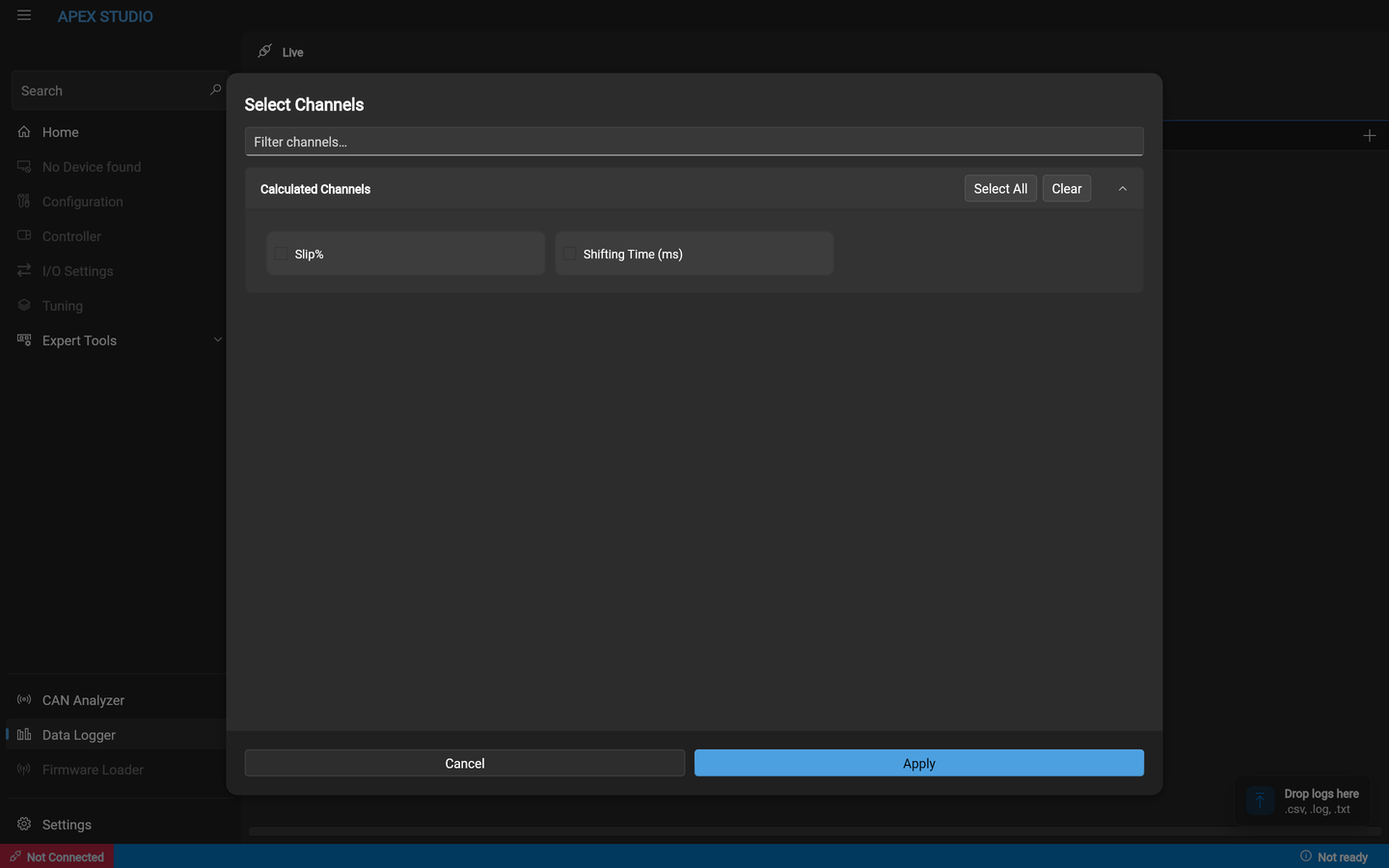 The Select Channels dialog. A filter box sits at the top, and a Calculated Channels group beneath it offers Slip% and Shifting Time in milliseconds, each with a checkbox, with Select All and Clear buttons on the group header.