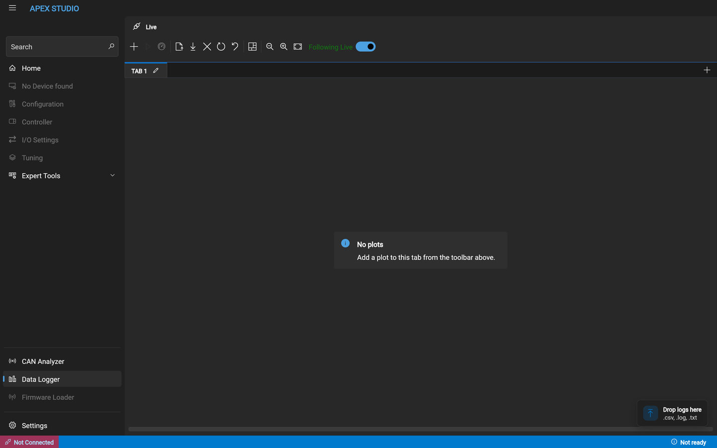 The Data Logger workspace with a single empty tab. A toolbar runs along the top ending in a "Following Live" toggle, and a centred message reads "No plots — add a plot to this tab from the toolbar above". A drop target in the bottom right corner reads "Drop logs here .csv, .log, .txt".