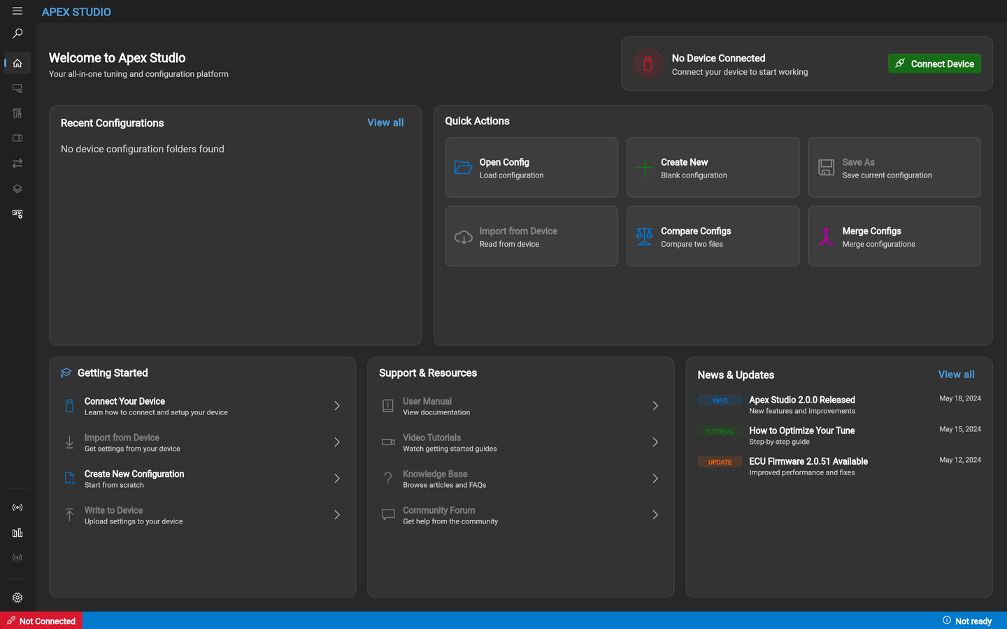 The Apex Studio home screen. A welcome panel across the top with a "No Device Connected" card and a Connect Device button. Below it, Recent Configurations on the left and a Quick Actions grid on the right offering Open Config, Create New, Save As, Import from Device, Compare Configs and Merge Configs. Along the bottom, three panels: Getting Started, Support & Resources, and News & Updates.