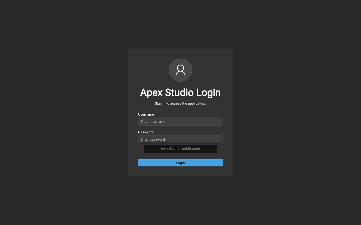 The Apex Studio sign-in screen — a centred card headed "Apex Studio Login" with Username and Password fields and a Login button. A line of helper text below the password field has been covered with a redaction bar reading "redacted for publication".