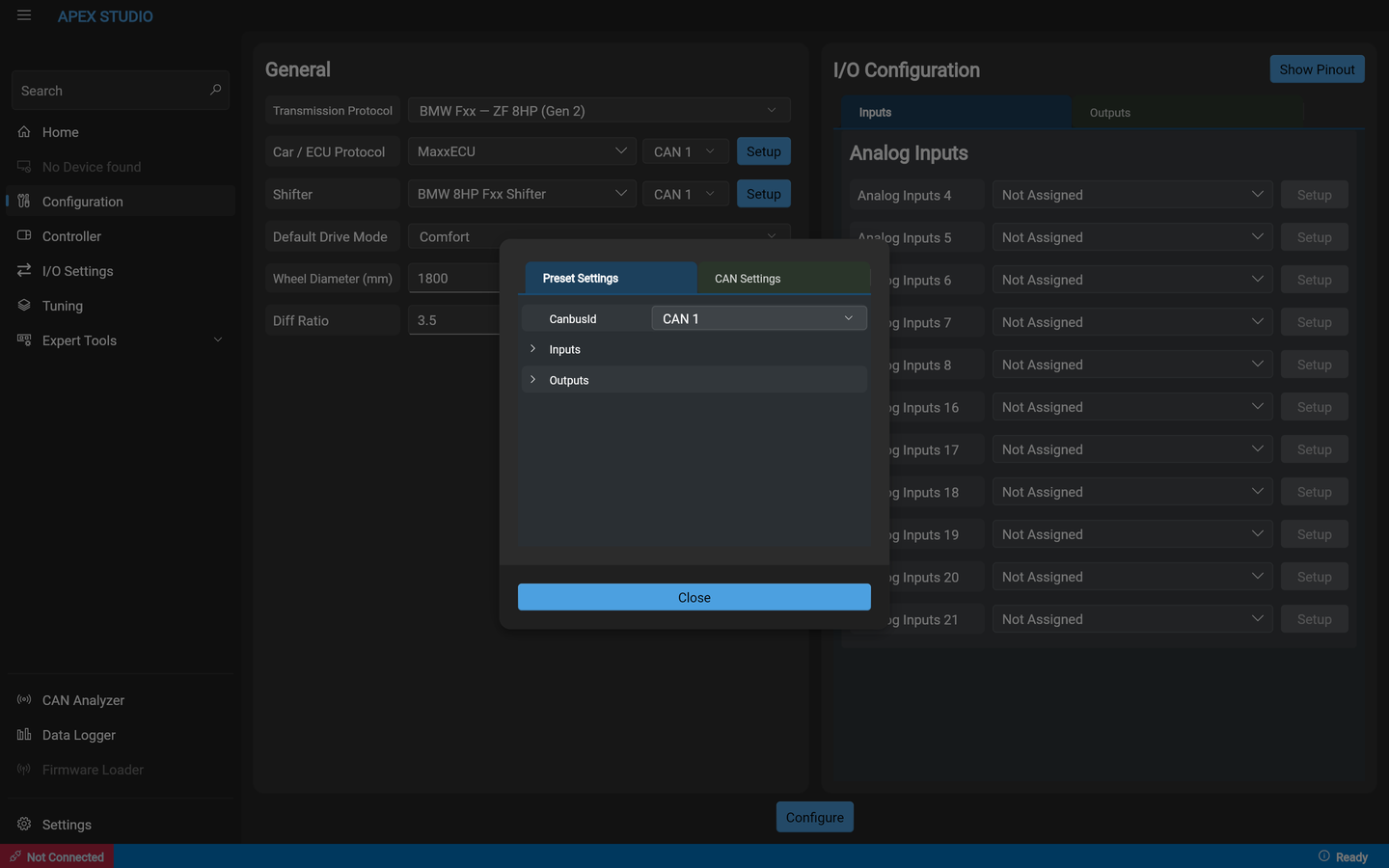 The per-protocol setup dialog open over a populated General panel. The dialog has two tabs, Preset Settings and CAN Settings, with a CAN channel row and collapsed Inputs and Outputs groups beneath it. Behind the dialog the General panel shows a transmission, an ECU and a shifter selected, with a drive mode, a wheel diameter and a differential ratio filled in.