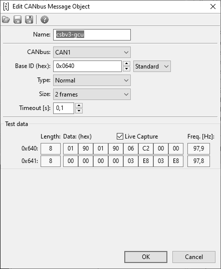 Message group with ID 0x640 and a size of 2 frames