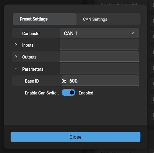 Enabling Can switch board v3 in the preset parameters